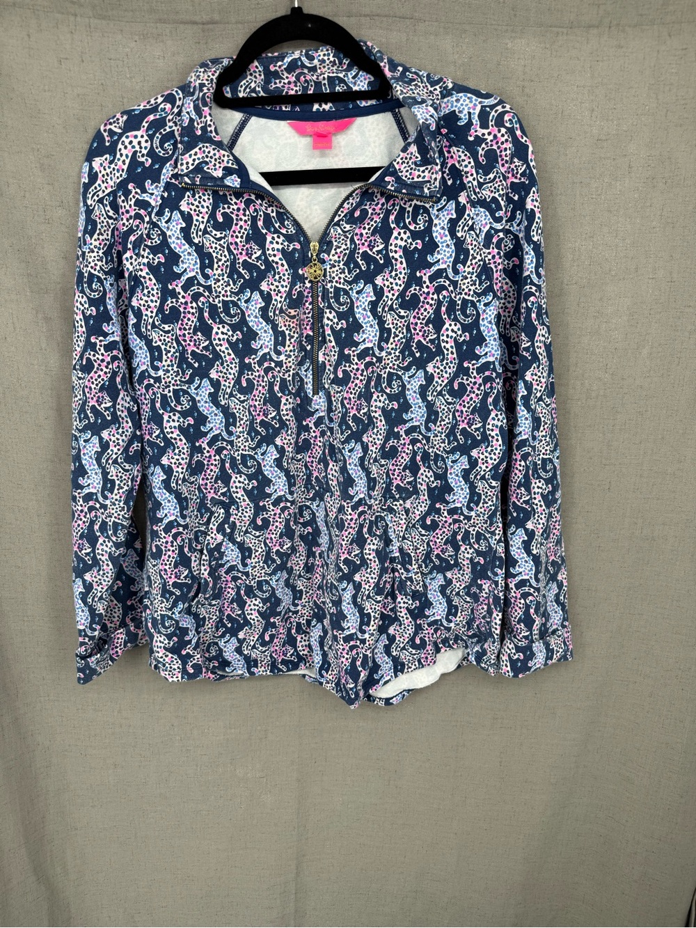 Lilly Pulitzer navy blue and pink leopard-print quarter-zip pullover popover L